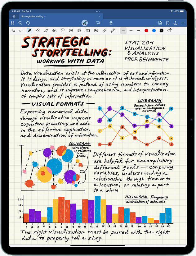 iPad Air w orientacji pionowej, na ekranie widać notatki i obrazy