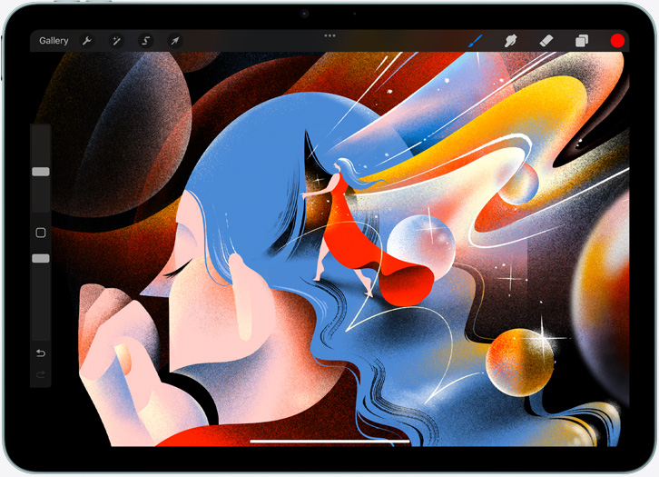 iPad Air, landscape orientation, screen displays an illustration in the Procreate app