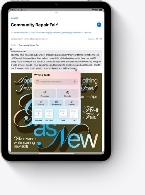 iPad mini’de Mail uygulamasında yeni bir Apple Intelligence özelliği olan Yazma Araçları gösteriliyor.