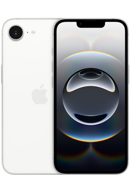 Widok z przodu na iPhone’a 16e w kolorze białym i częściowo widoczny tył iPhone’a 16e z wyeksponowanym aparatem.