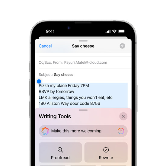 Częściowo widoczny ekran iPhone’a 16e przedstawiający funkcje Narzędzi pisania Apple Intelligence.