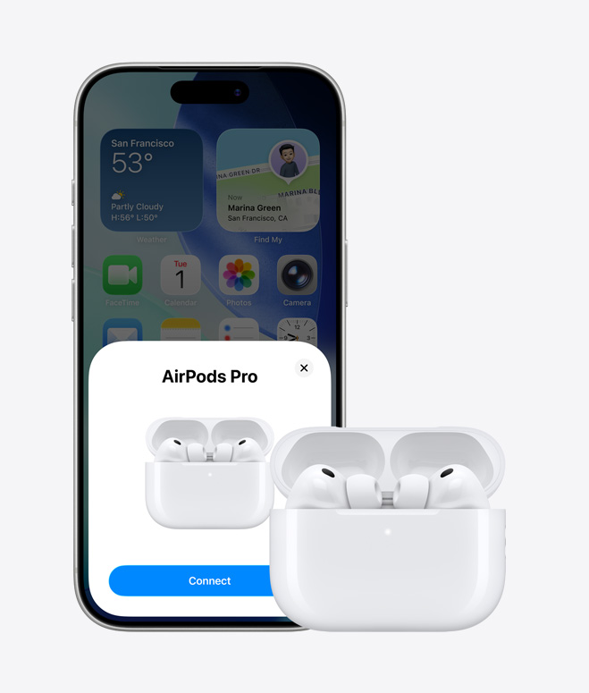 iPhone 17 Pro, esikülg, avakuva taustal, AirPodi ühenduse viip ekraanil, AirPods avatud ümbrises iPhone'i kõrval
