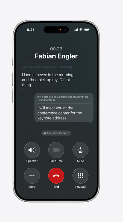 iPhone screen showing Live Translation feature in use during a phone call