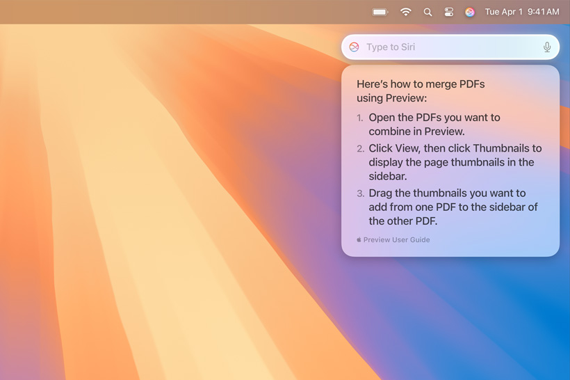 Siri tekstiteade infoga, mida kasutaja otsis selle kohta, kuidas ühendada mitmeid PDF-dokumente.