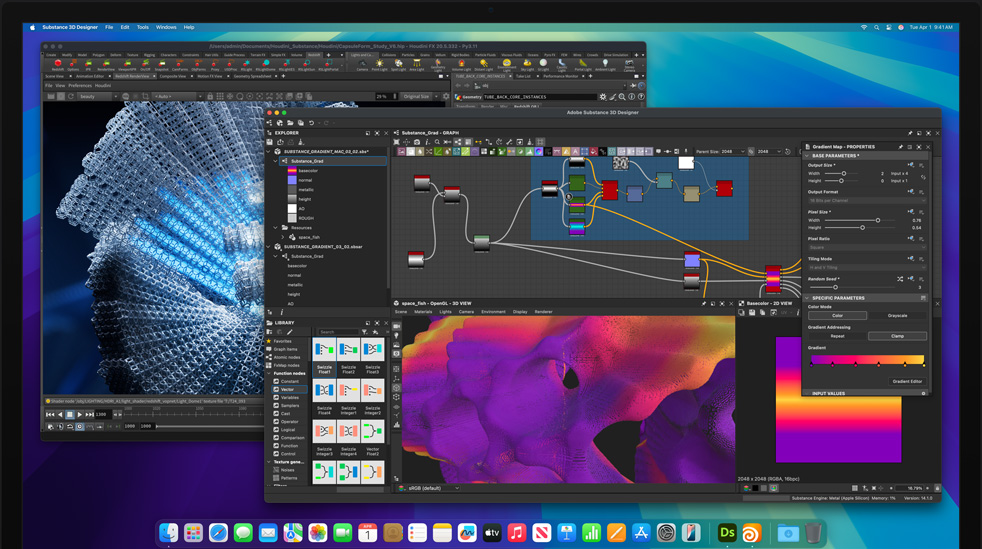 Screen of Adobe Substance 3D Designer, Houdini and Redshift applications being used to edit on M4 Max Mac Studio
