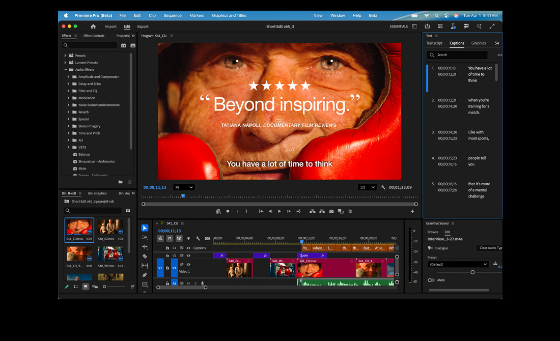 Écran de MacBook Pro montrant le montage d’un film intitulé Eternal Play dans Adobe Premiere Pro