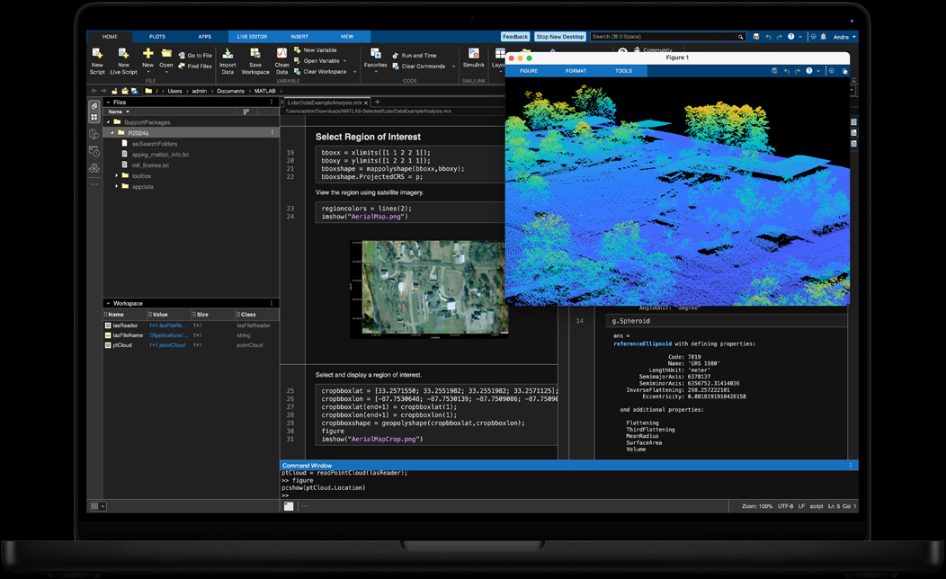 Ekran MacBooka Pro s MATLAB-om koji se koristi za obradu i vizualizaciju geoprostornih podataka