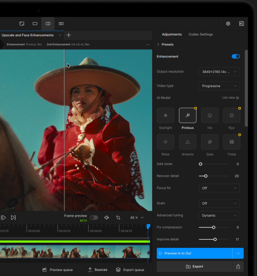 Zaslon računala MacBook Pro prikazuje povećanje videozapisa AI-jem u aplikaciji Topaz Video