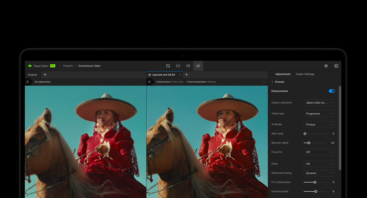 Ekran računala Macbook Pro s prikazom povećanja videozapisa AI-jem u aplikaciji Topaz Video