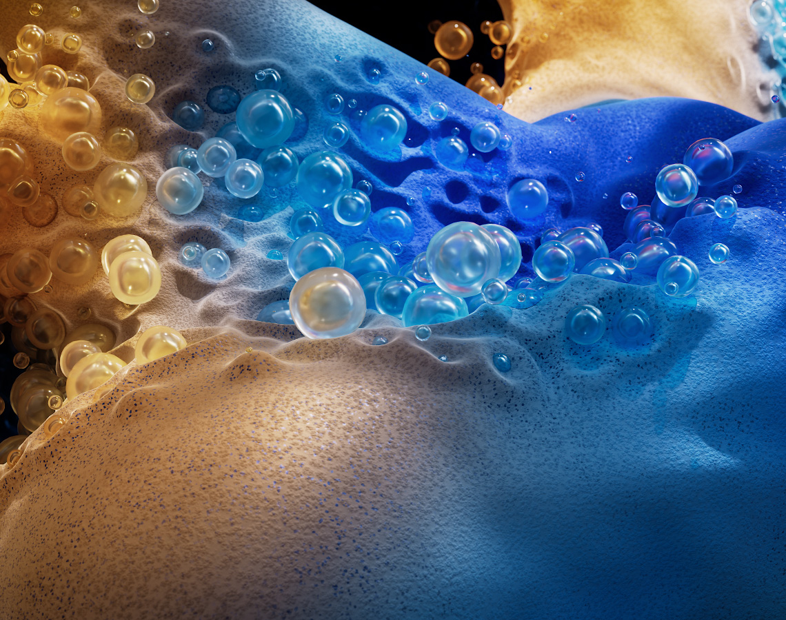 3D animacija plavih teksturiranih oblika koji se kreću okolo, što prikazuje grafički intenzivne performanse MacBooka Pro