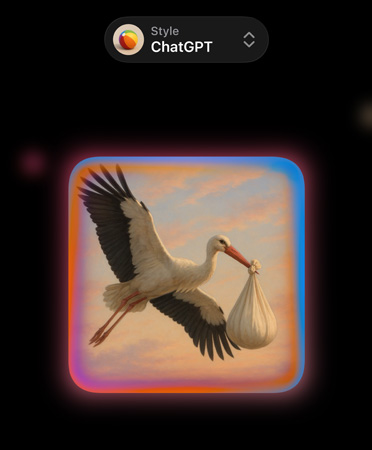 Øverst i Image Playground vises en nedtrekksmeny der det står «Style: ChatGPT». Nedenfor vises et bilde av en flyvende stork med en babybylt i nebbet.