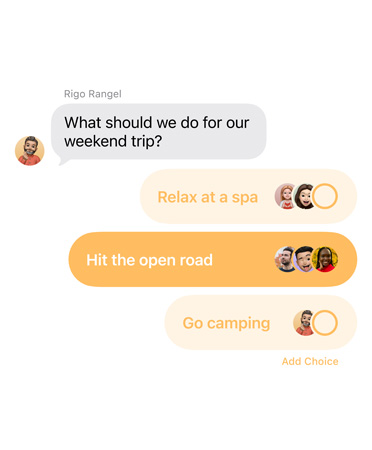 Close up of new polls feature in Messages with people in the group chat voting for where to take a weekend trip