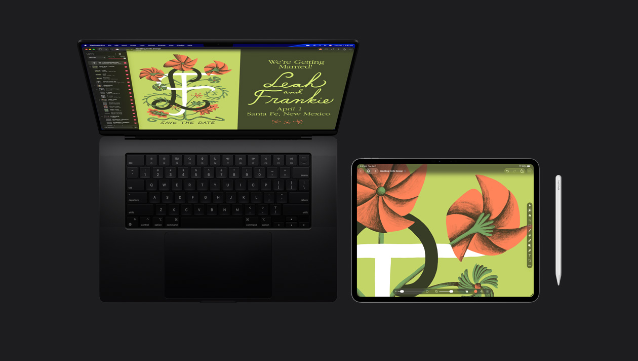 A tela do MacBook Pro de 16 polegadas mostra uma ilustração de convite de casamento com uma flor laranja estilizada sobre um fundo verde e as letras L e F com o aviso para guardar a data. O iPad Pro mostra uma ilustração de flor laranja estilizada sobre um fundo verde e barras de ferramentas. O Apple Pencil está à direita do iPad Pro