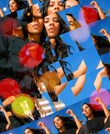 ภาพถ่ายของผู้หญิงคนหนึ่งซึ่งจัดเรียงเป็นตารางโดยแสดงรายละเอียดที่แตกต่างกันของภาพเดียวกัน