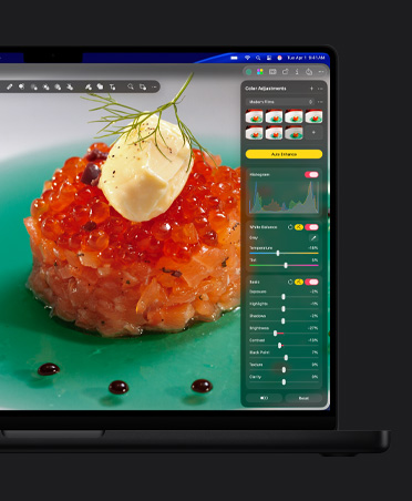 Imagem da tela do MacBook Pro de 16 polegadas com uma foto aproximada de caviar de salmão em um prato e a ferramenta de ajuste de cor