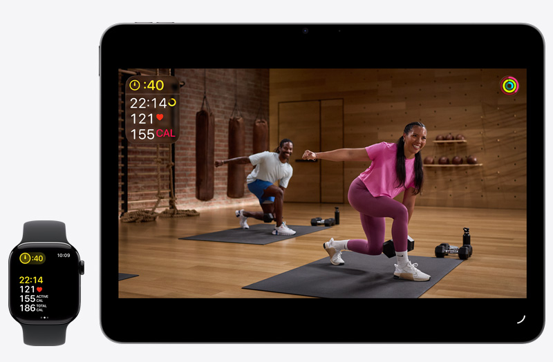 Apple Watch tracks a workout, iPad plays live fitness class
