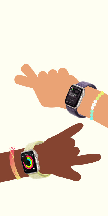 En illustrasjon viser to barnehender med Apple Watch SE 3.