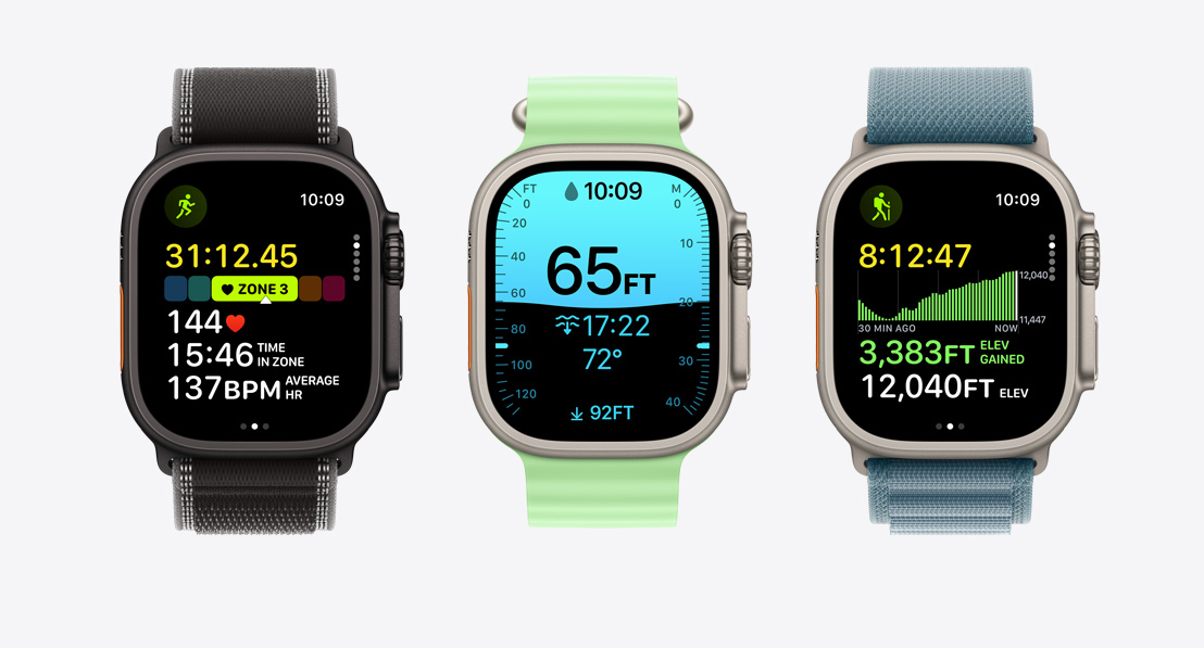Apple Watch Ultra 3, schermen in Work-out-app: hardlopen, duiken, fietsen