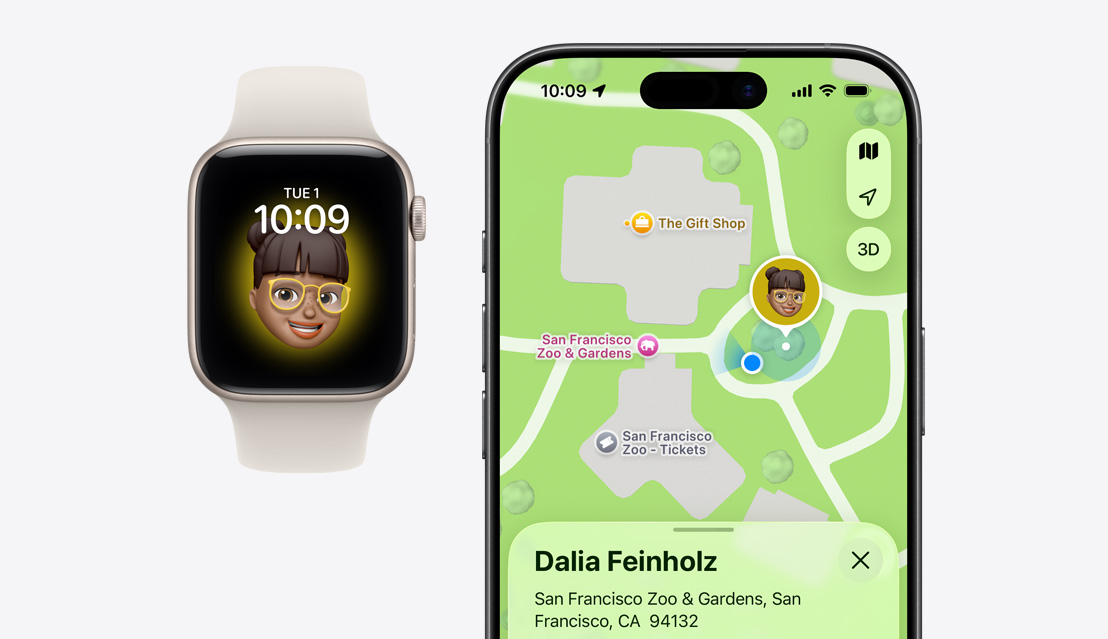 Apple Watch SE 3 viser en Memoji av et barn på skjermen, mens en iPhone 17 viser Hvor er-appen og et barns posisjon på et kart.