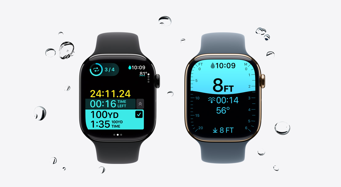 Apple Watch Series 11, kast van aluminium, kleur gepolijst Gitzwart, zwemtraining in Work-out-app, waterdruppels glijden van het horloge, sportbandje, kleur zwart