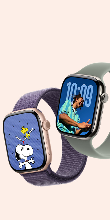 Dispositivos Apple Watch Series 11, caja de aluminio, color gris espacial, y caja de titanio, color natural, carátulas Snoopy y Fotos, correa loop deportiva, color morado niebla, correa uniloop, color gris verdoso