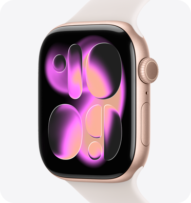 Apple Watch Series 11, caja de aluminio, color oro rosa, carátula Responsive Art, parte lateral derecha, Digital Crown, micrófono, botón lateral, correa deportiva, color rosa rubor