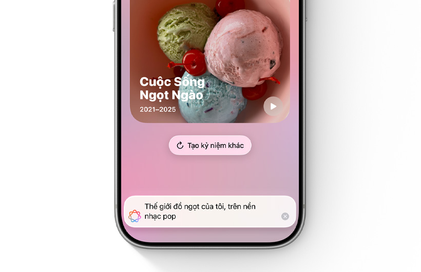 Bìa của một kỷ niệm mới tùy chỉnh dựa trên mô tả được nhập vào trường văn bản trong ứng dụng Ảnh