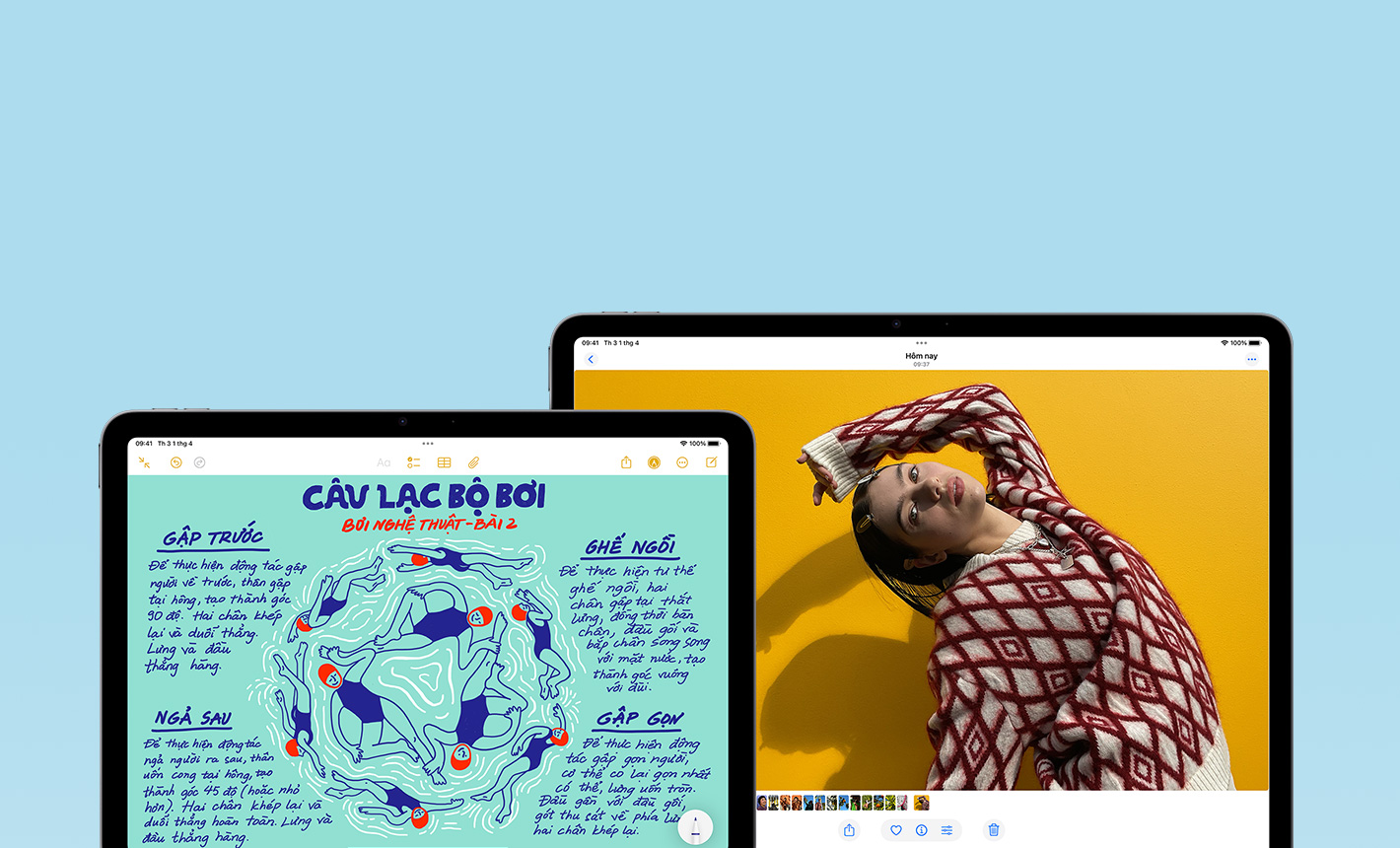 Vỏ ngoài mặt trước của iPad&nbsp;Air 11&nbsp;inch hiển thị ứng dụng Ghi Chú và iPad Air 13&nbsp;inch hiển thị ứng dụng Ảnh để thể hiện sự khác biệt về kích thước màn hình